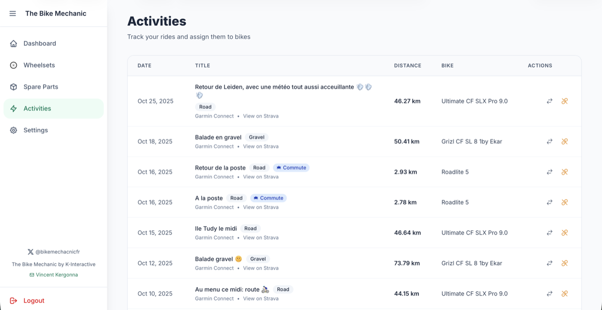 Activity feed showing automatically synced rides from Strava and Intervals.icu