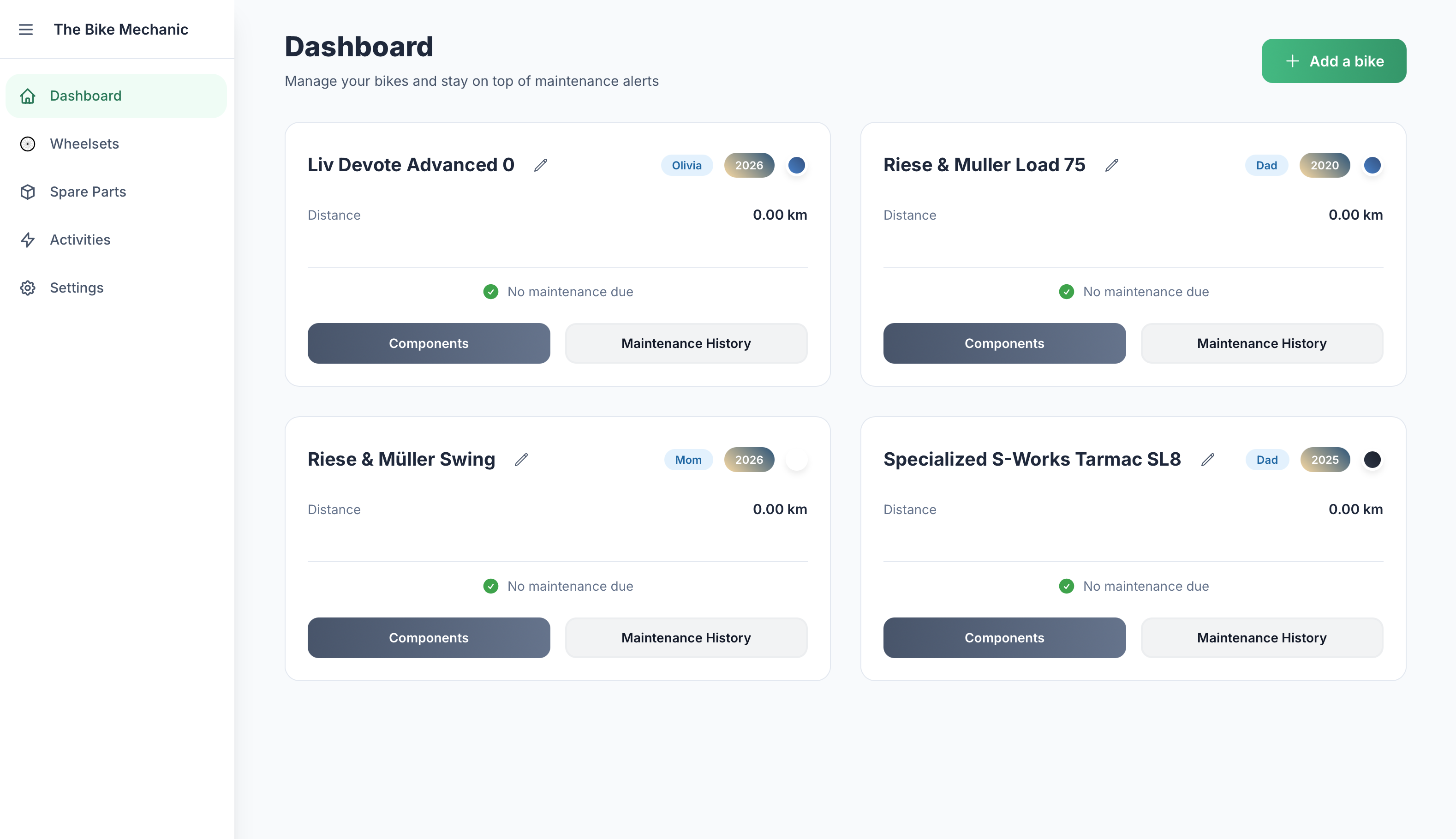 Family sharing dashboard showing multiple members and their bikes