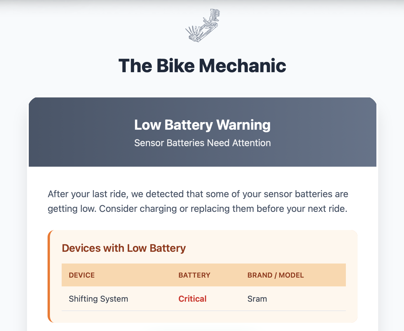 Low battery email alert showing power meter and shifter battery warnings