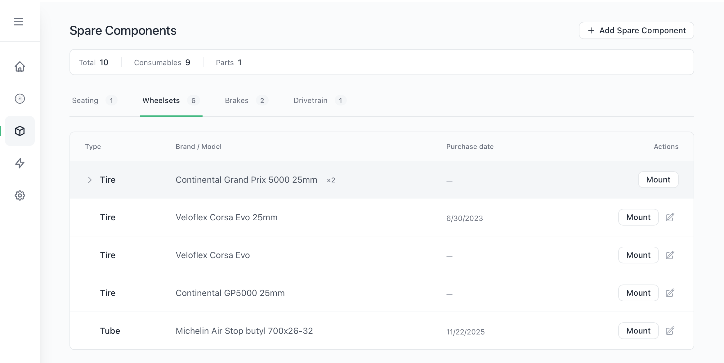 Component swap modal showing spare parts selection