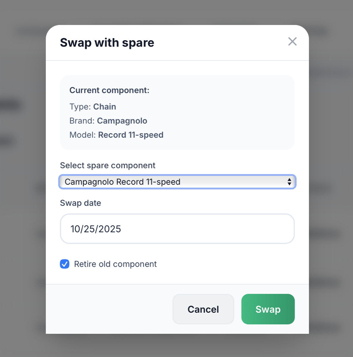 Component swap modal showing spare parts selection