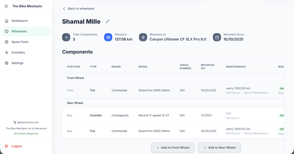 Wheelset detail view showing tire wear indicators and service intervals